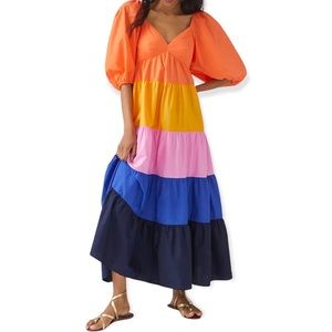 Farm Rio Anthropologie Colorblocked Tiered Maxi Dress Sz XL